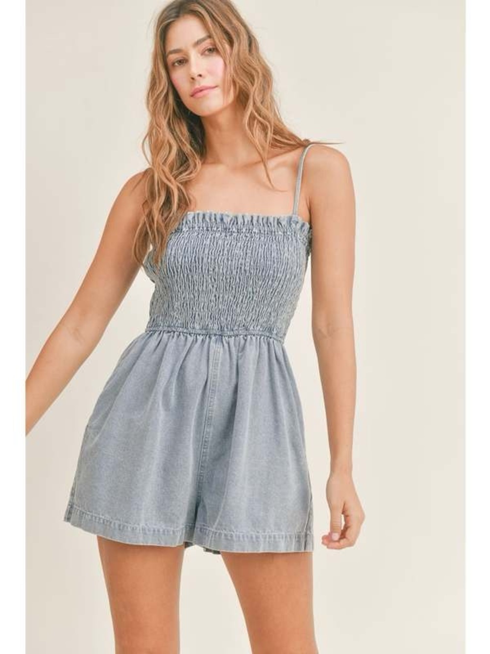 NWOT Stitch & Feather  Mable Tami’s Smocked Denim Romper ~ Medium